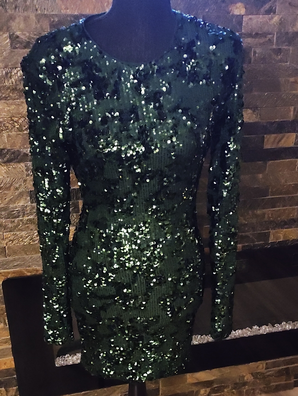 Emerald Green Sequin Long-Sleeve Bodycon Dress